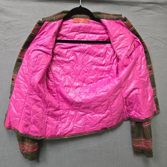 Authier Womens Brown Pink Plaid Flannel Shirt Jacket Quilted Lining Leather Elbo - Picture 3 of 11